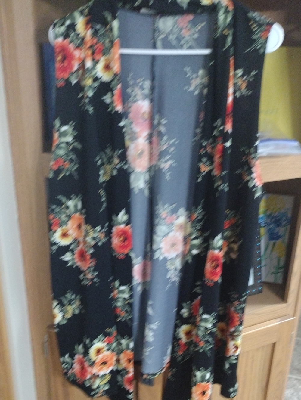 Black Floral Open-Front Vest with Orange and Cream Blooms